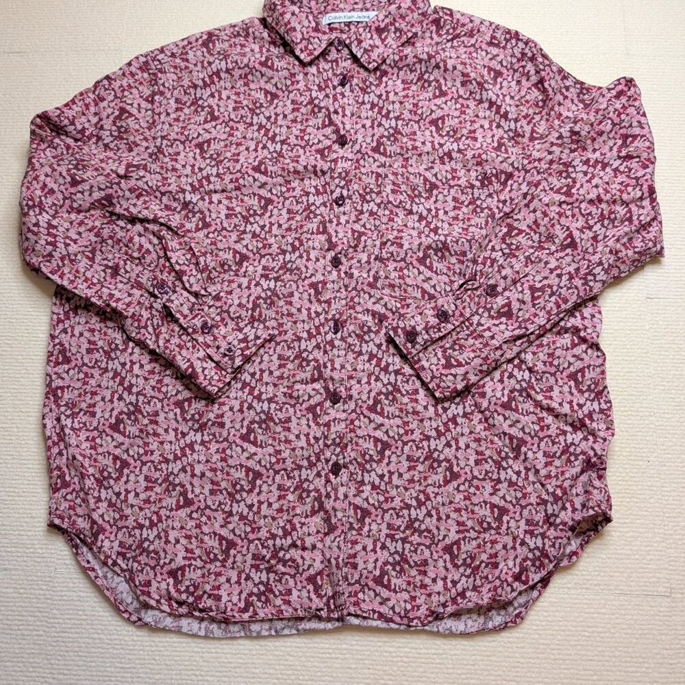 Calvin Klein Jeans long sleeve, pink, white, green button down shirt - size M - Picture 7 of 8